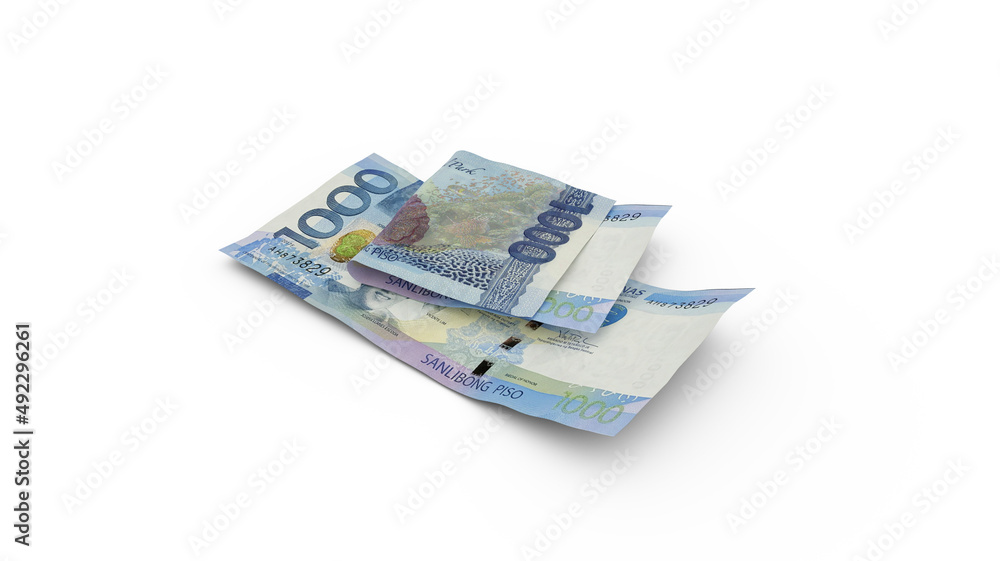3D rendering of Double 1000 Philippines peso notes isolated on white background