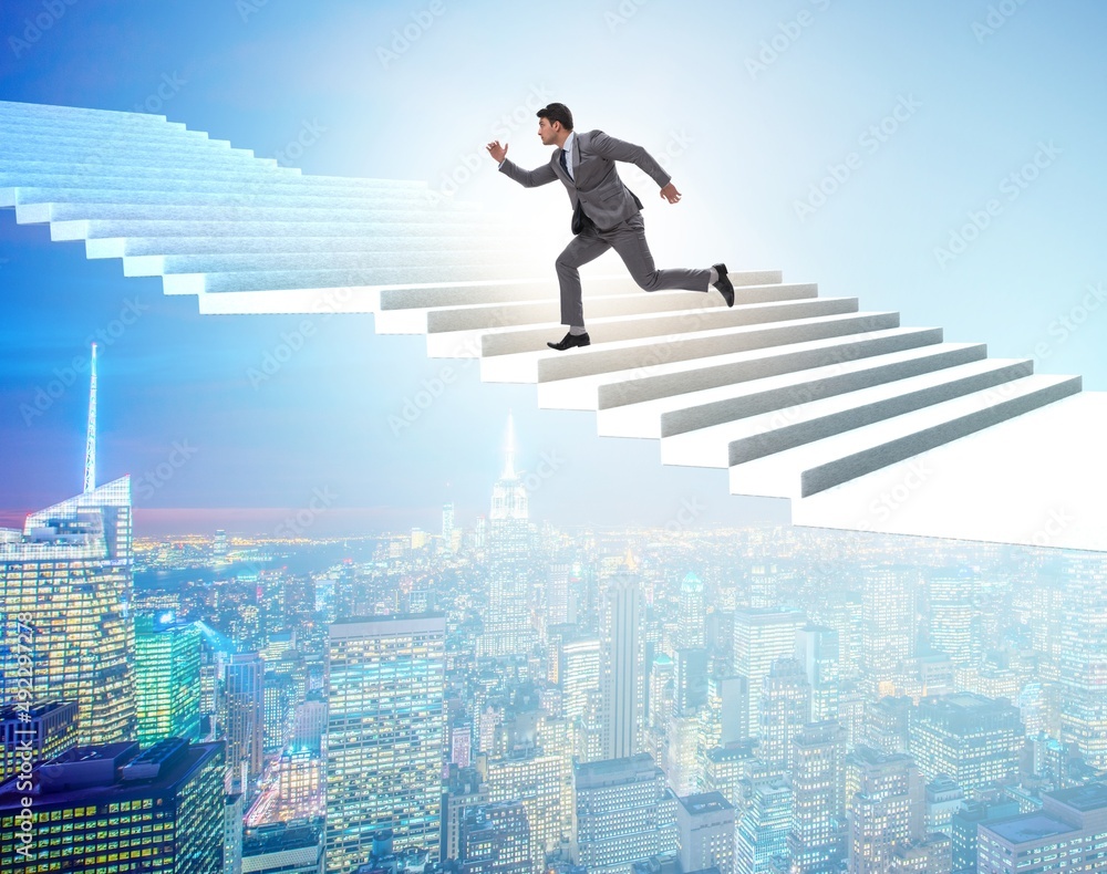 Businessman climbing career ladder over city Businessman climbing career ladder over city