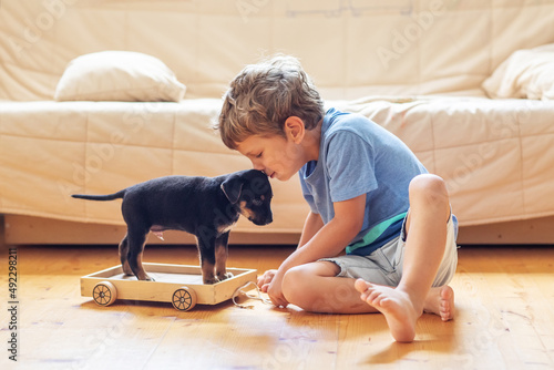 A boy with a little dog playing at home.