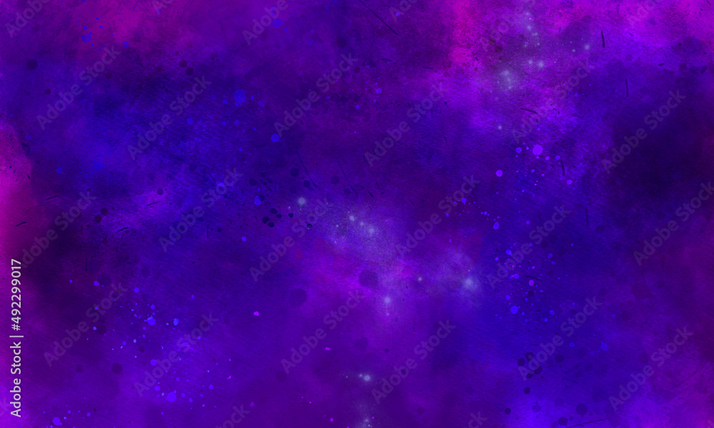 abstract night sky space watercolor background with stars. watercolor dark blue pink  red gradient space nebula universe. Blue and pink gradient watercolor ombre leaks and splashes texture.