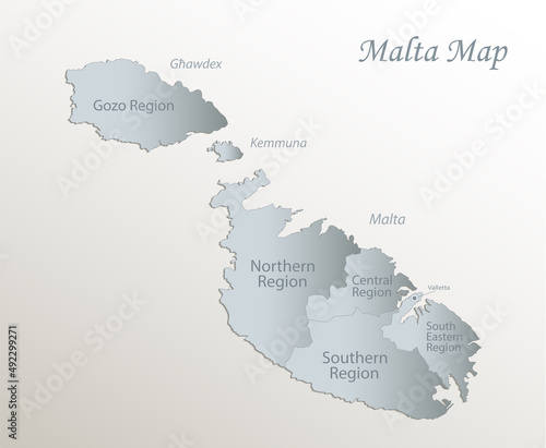 Malta regions map with names, white blue card paper 3D vector