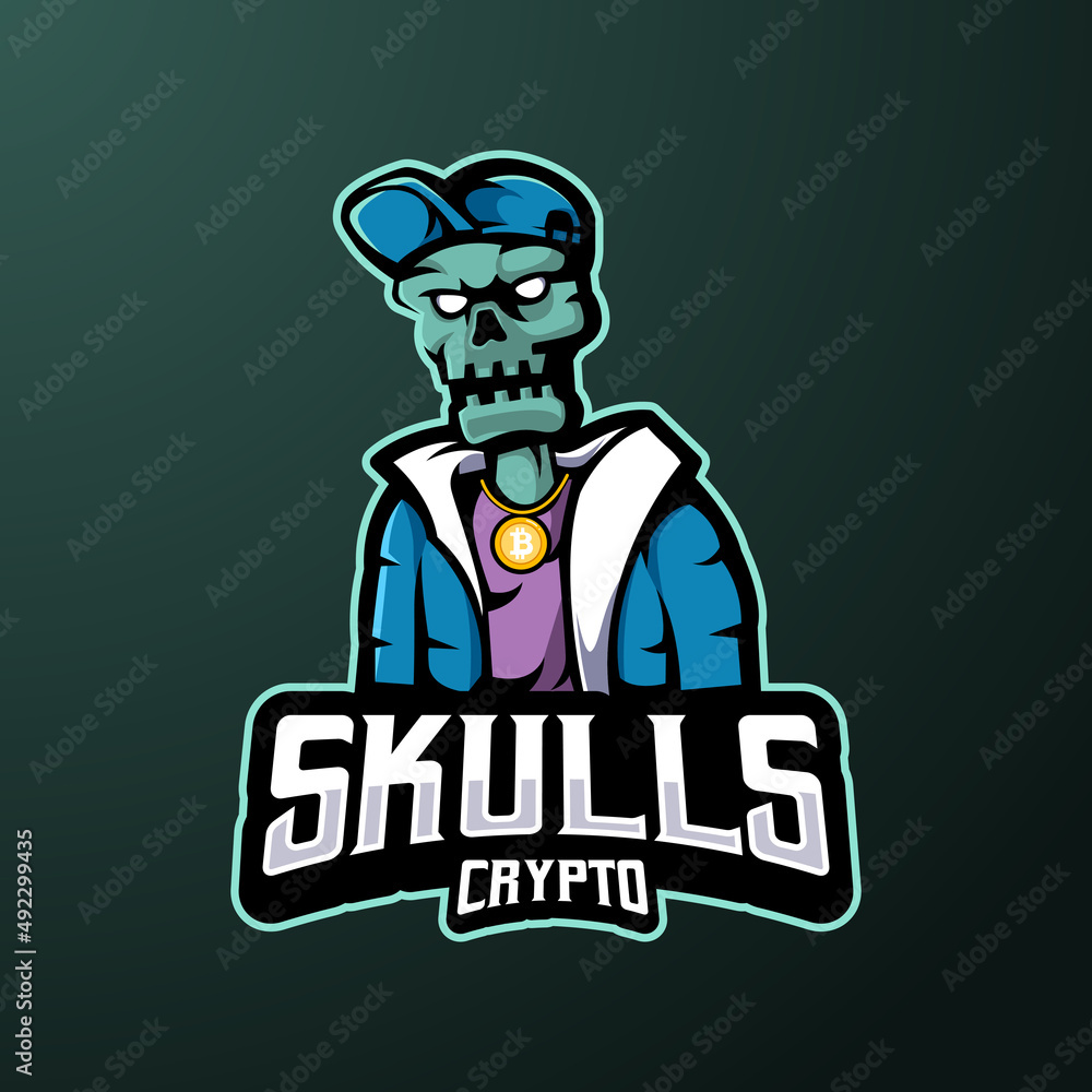 Skull wearing crypto coin necklace mascot logo design illustration vector