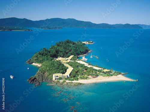 Aerial view of Daydream island in the Whitsunday group of the Great Barrier reef, Queensland, Australia..