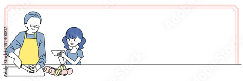 料理するおじいちゃんと孫のフレーム