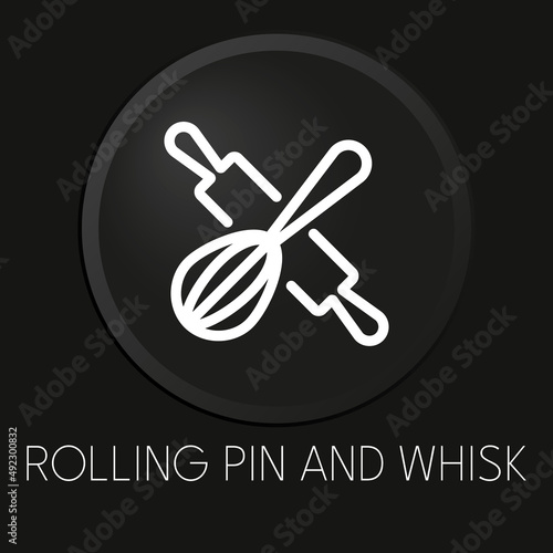 Rolling pin and whisk minimal vector line icon on 3D button isolated on black background. Premium Vector.