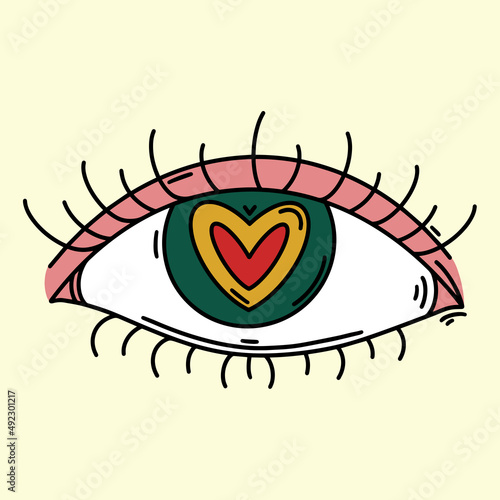 Human eye with dilated pupil vector icon. Hand drawn vintage illustration. Psychedelic clipart, heart pupil. Trippy high eye. Hippie sign, print for decoration, t-shirt design, sticker, card
