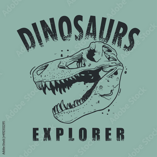 Dinosaurs explorer, Tyrannosaurus fossil skull hand drawn vector illustration 