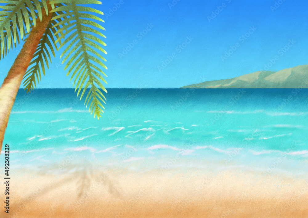 Fototapeta premium 海 青空 浜辺 夏 やしの木 背景