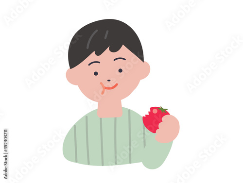 真っ赤なトマトを食べる男の子のイラスト