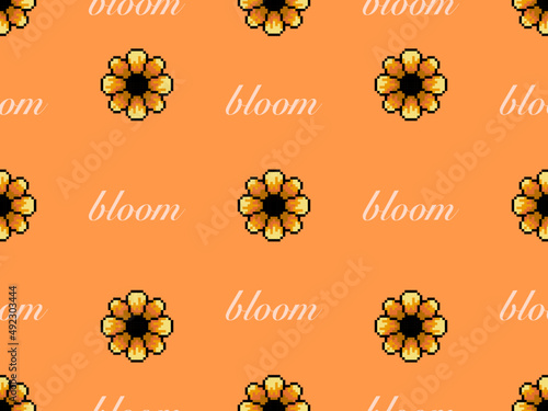 Flower cartoon character seamless pattern on orange background.Pixel style 