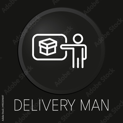 Delivery man minimal vector line icon on 3D button isolated on black background. Premium Vector.