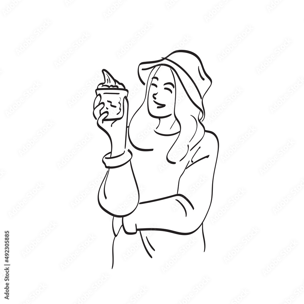 woman with smile holding glass of ice cream illustration vector hand drawn isolated on white background line art. woman with smile holding glass of ice cream illustration vector hand drawn isolated on white background line art.