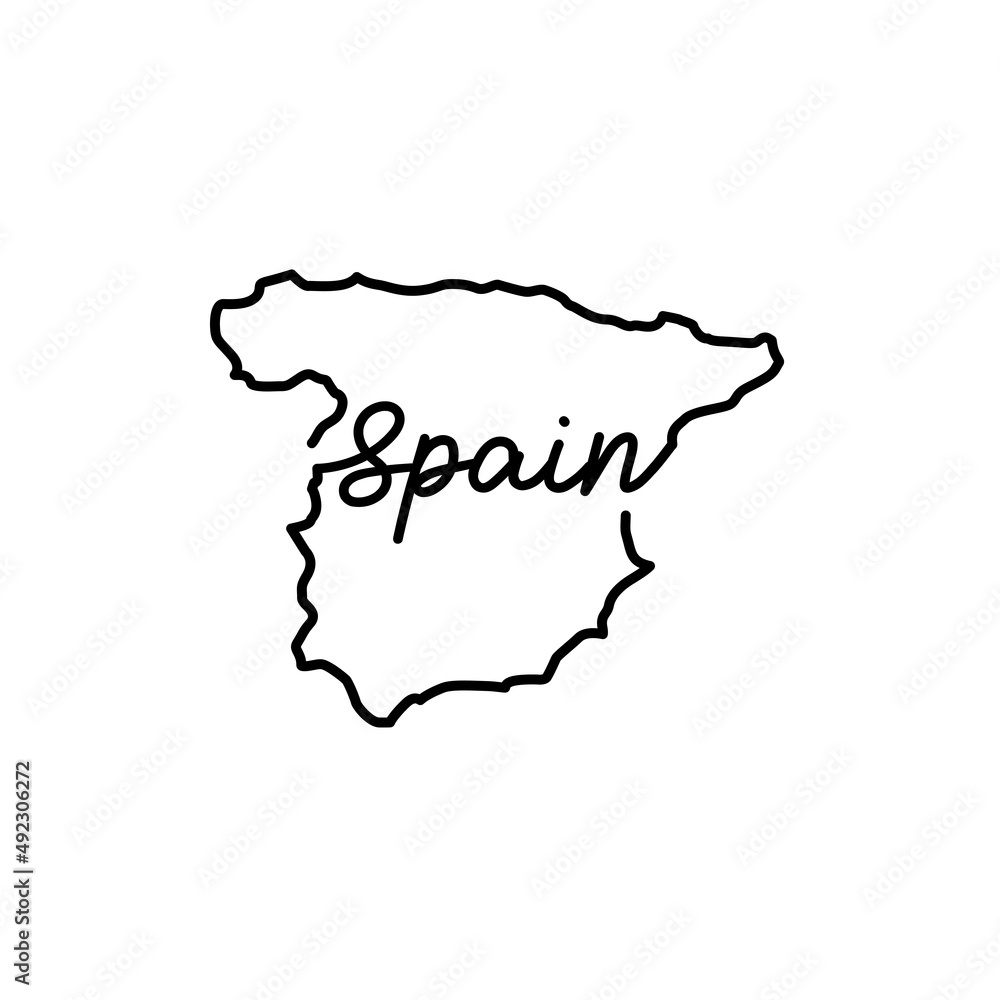 Spain outline map with the handwritten country name. Continuous line drawing of patriotic home sign. A love for a small homeland. T-shirt print idea. Vector illustration. Spain outline map with the handwritten country name. Continuous line drawing of patriotic home sign. A love for a small homeland. T-shirt print idea. Vector illustration.
