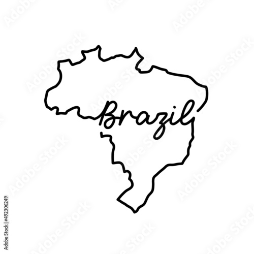 Brazil outline map with the handwritten country name. Continuous line drawing of patriotic home sign. A love for a small homeland. T-shirt print idea. Vector illustration.