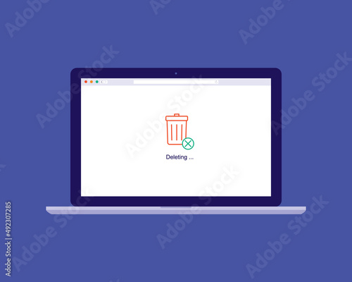 Laptop With Trash Bin Icon. Trash Can. Deleting Data.