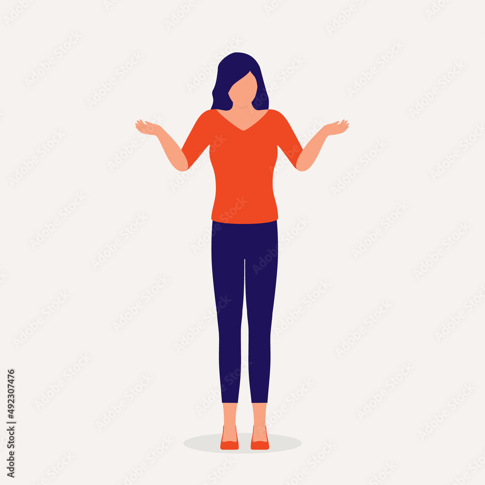 Front View Of A Woman With Shrugging Gesture. I Don’t Know.