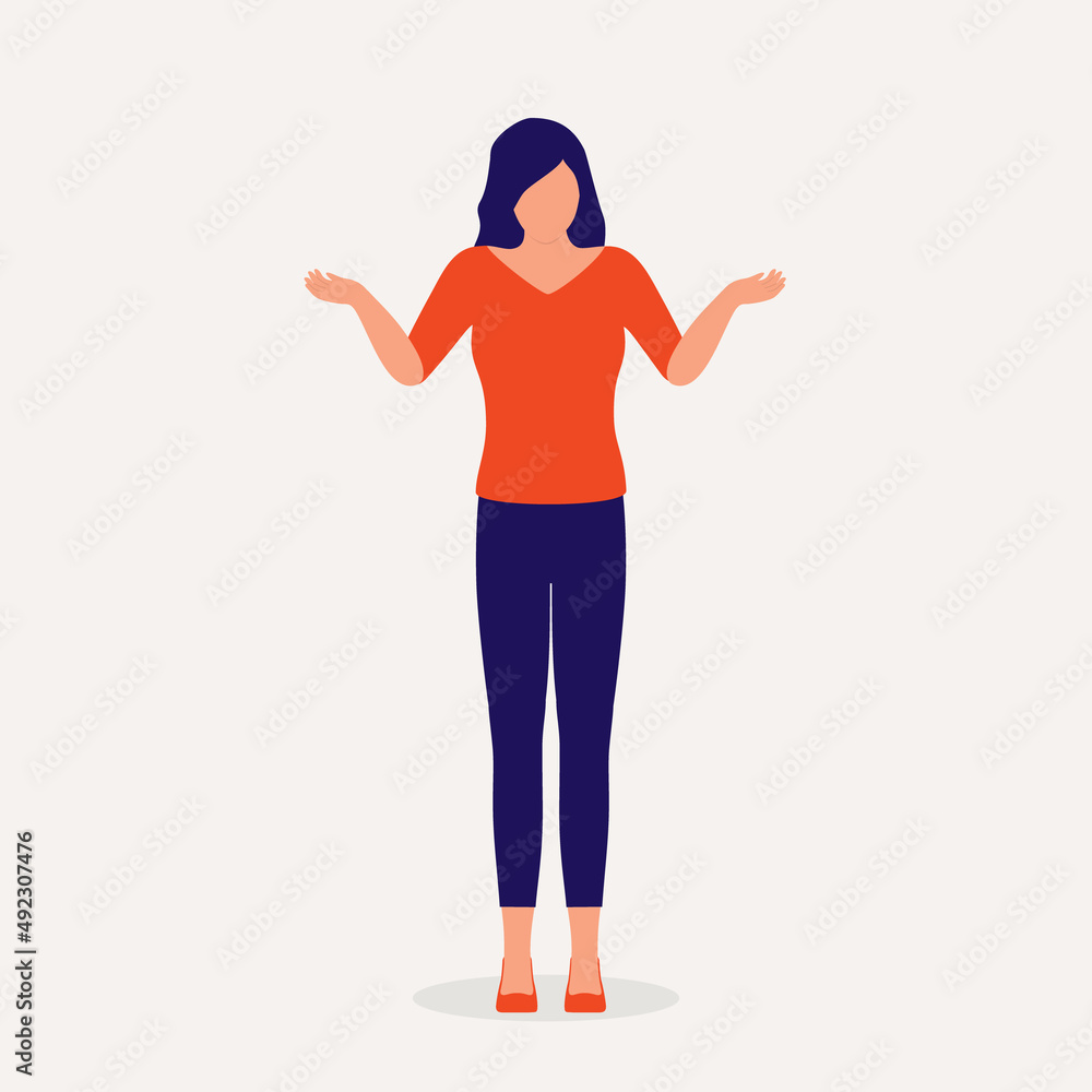 Front View Of A Woman With Shrugging Gesture. I Don’t Know. Front View Of A Woman With Shrugging Gesture. I Don’t Know.