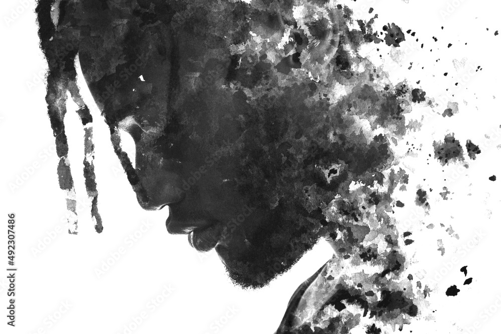 A portrait of a man combined with an ink painting. Paintography. - obrazy, fototapety, plakaty 