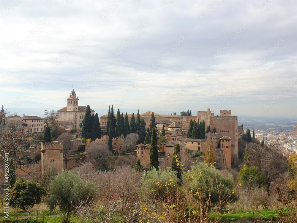 [Spain] Exterior view of Alcazaba and church as seen from Generalife (The Alhambra, Granada)