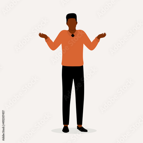 Front View Of A Black Man With Shrugging Gesture. I Don’t Know.