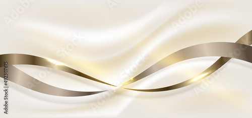 Abstract 3D elegant golden ribbon elements and lighting effect sparking glitter decoration on cream background luxury style