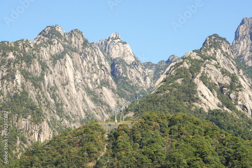 HUANGSHAN, ANHUI / CHINA - JAN 21 2021: cable car to the mountain