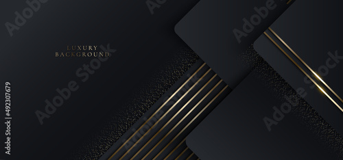 3D modern luxury template design black geometric and golden glitter stripes line light sparking on black background