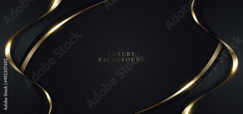 Elegant 3D abstract background black curved shape with shiny golden ribbon line lighting sparking