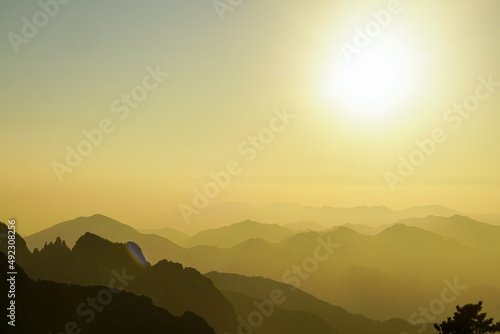 Landscape of Huangshan  Yellow Mountain . UNESCO World Heritage Site. Located in Huangshan  Anhui  China  tourist  silhouette sunset.