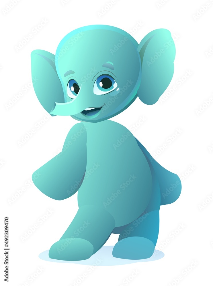 Fototapeta premium Little elephant doubts. Cartoon person stands and smiles. Fun style. Child animal. Pet kid. Isolated on white background. Vector