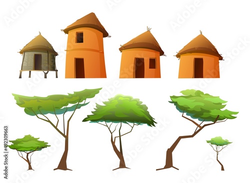 Set of Africa village. Rural houses made of clay and straw. African landscape. Isolated on white background. Acacia trees. Vector