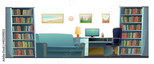 Office for work and study. Isolated on white background. Work desk with armchair and PC computer. Sofa book shelves. Cozy room. Cartoon funny style illustration. Vector