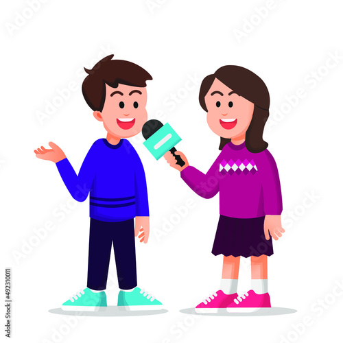 little girl learns to be a journalist and interviews a boy