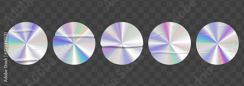 Holographic stickers with wrinkles set. Geometric shapes label with rainbow hologram. Vector elements for modern trend design.
