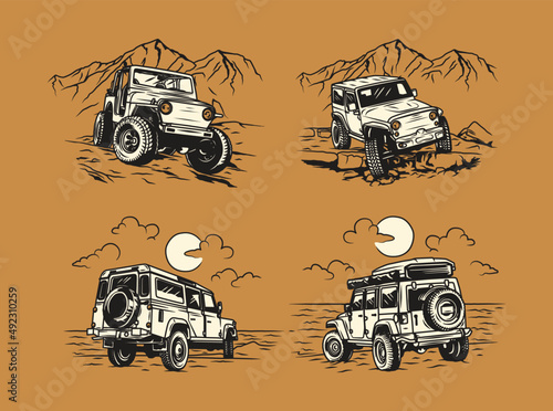 Set Vintage Hand Drawn Off road Car Adventures Logo Label