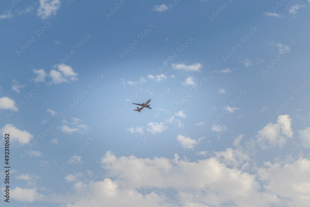 Dubai, UAE - 02.27.2022 - Dubai, UAE - Shot of an Spice Jet airlines airplane on blue sky background. Aviation Dubai, UAE - 02.27.2022 - Dubai, UAE - Shot of an Spice Jet airlines airplane on blue sky background. Aviation