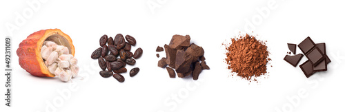 Chocolate ingredients in wooden bowls, cocoa beans, chocolate mass, cocoa powder, chocolate bars. Flat lay isolated on white background.