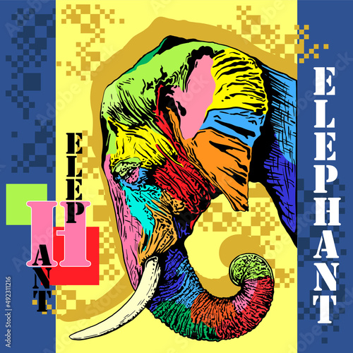 Elephant. Bright, graphic drawing in the style of pop art. Vector illustration.
