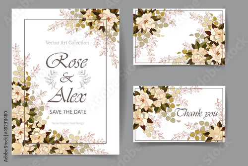 A set of invitations and business cards for a celebration, holiday, anniversary, decorated with magnolia flowers. Vector illustration in a flat style.
