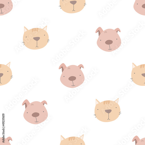 Fototapeta Naklejka Na Ścianę i Meble -  Seamless pattern with cute pets, dog, cat. simple flat vector. Hand drawing for children. animal theme. baby design for fabric, textile, wrapper, print.