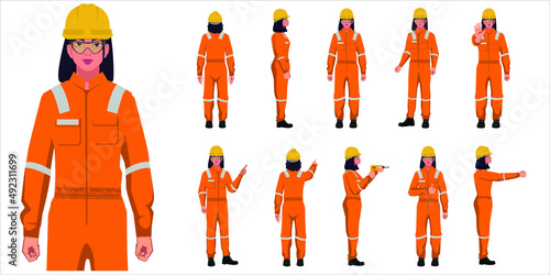 set of industrial women worker on orange uniform characters in white background