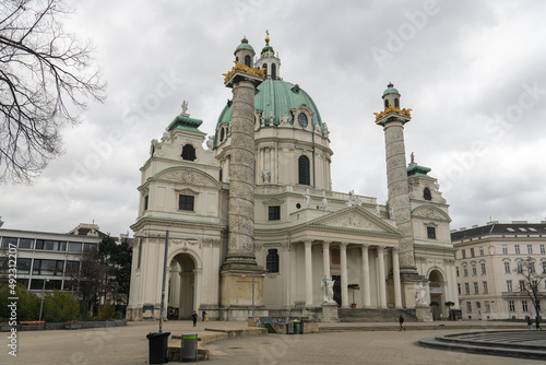 View to famous baroque St. Charles Church or Karlskirche in Vienna, Austria. January 2022 © vlamus