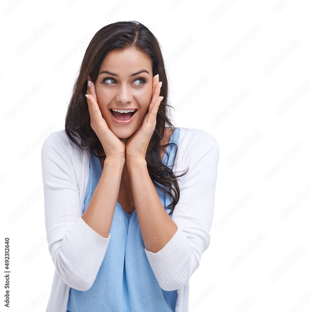Pleasantly surprised. Studio shot of a surprised young woman isolated on white. Pleasantly surprised. Studio shot of a surprised young woman isolated on white.