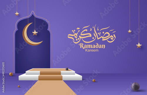Ramadan Kareem Arabic calligraphy in 3d modern Islamic holiday banner in purple background design