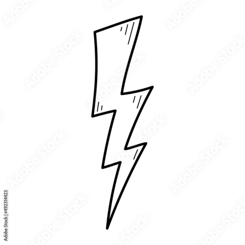Hand drawn electric lightening element. Comic doodle sketch style. Thunderbolt for flash, energy concept icon. Vector illustration.
