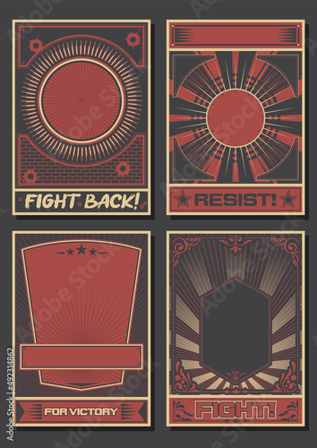 Propaganda Posters Template Set, Black Red White Backgrounds, Retro Elements, Bullets, Brick Wall, Stars