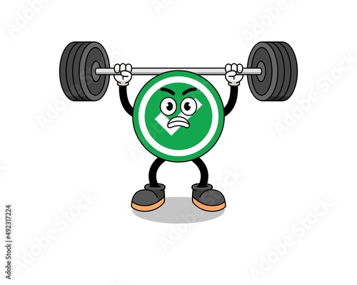 check mark mascot cartoon lifting a barbell