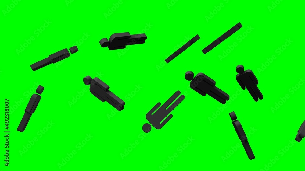Fototapeta premium Black human shaped objects on green chroma key background. 3D illustration for background.
