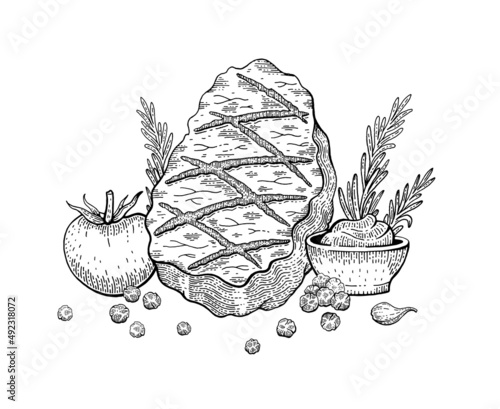 Meat steak. Sketch icon with steak of beef, pork, lamb or veal meat. Barbeque grill food graphics. For butchery, restaurant, bbq party hand drawing logo. Ink meatvector illustration with tomato sauce