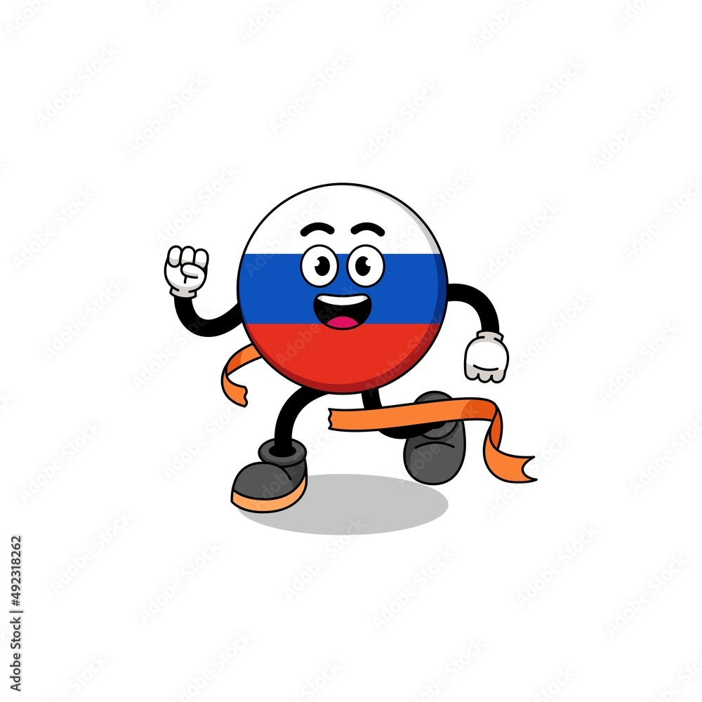 Mascot cartoon of russia flag running on finish line